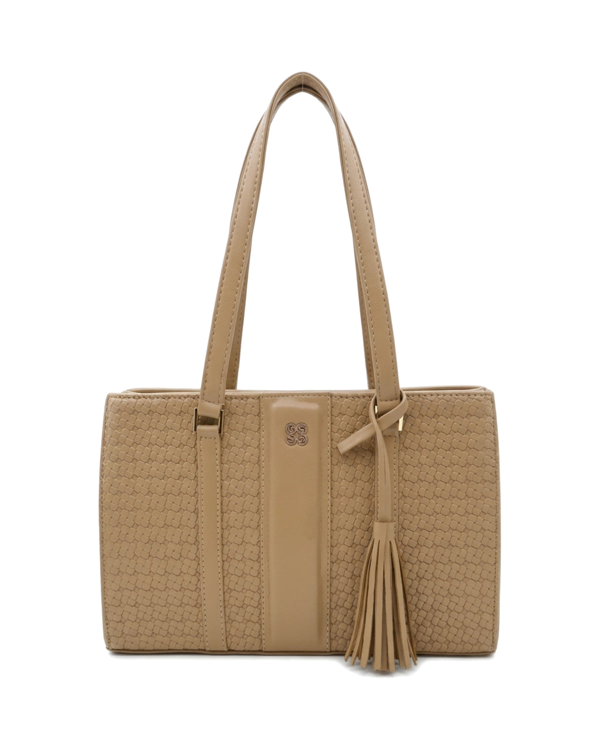 Gabrielle Textured Tassel Tote Bag — Tan — Top view