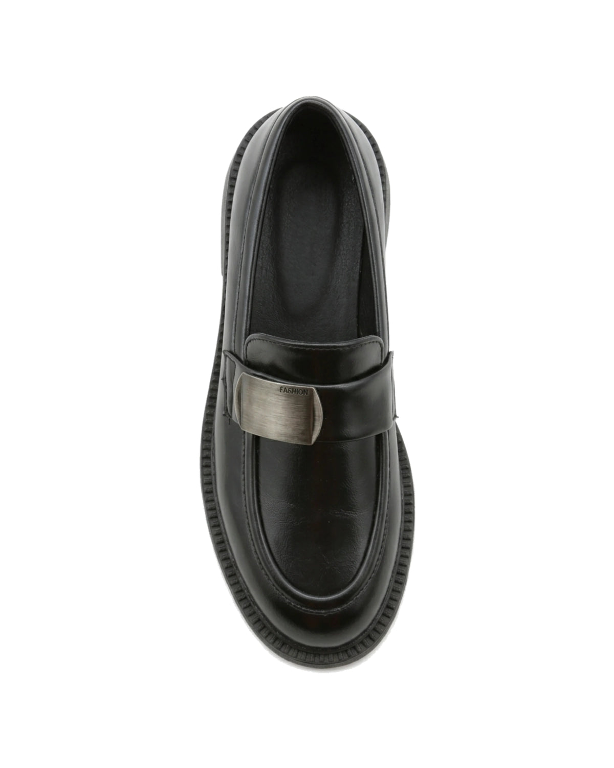 TKN Margot black chunky loafer with a silver-tone metal plaque — top view.