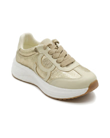 TKN Orbit — Beige / Gold — layered lace-up upper — front three-quarter view.