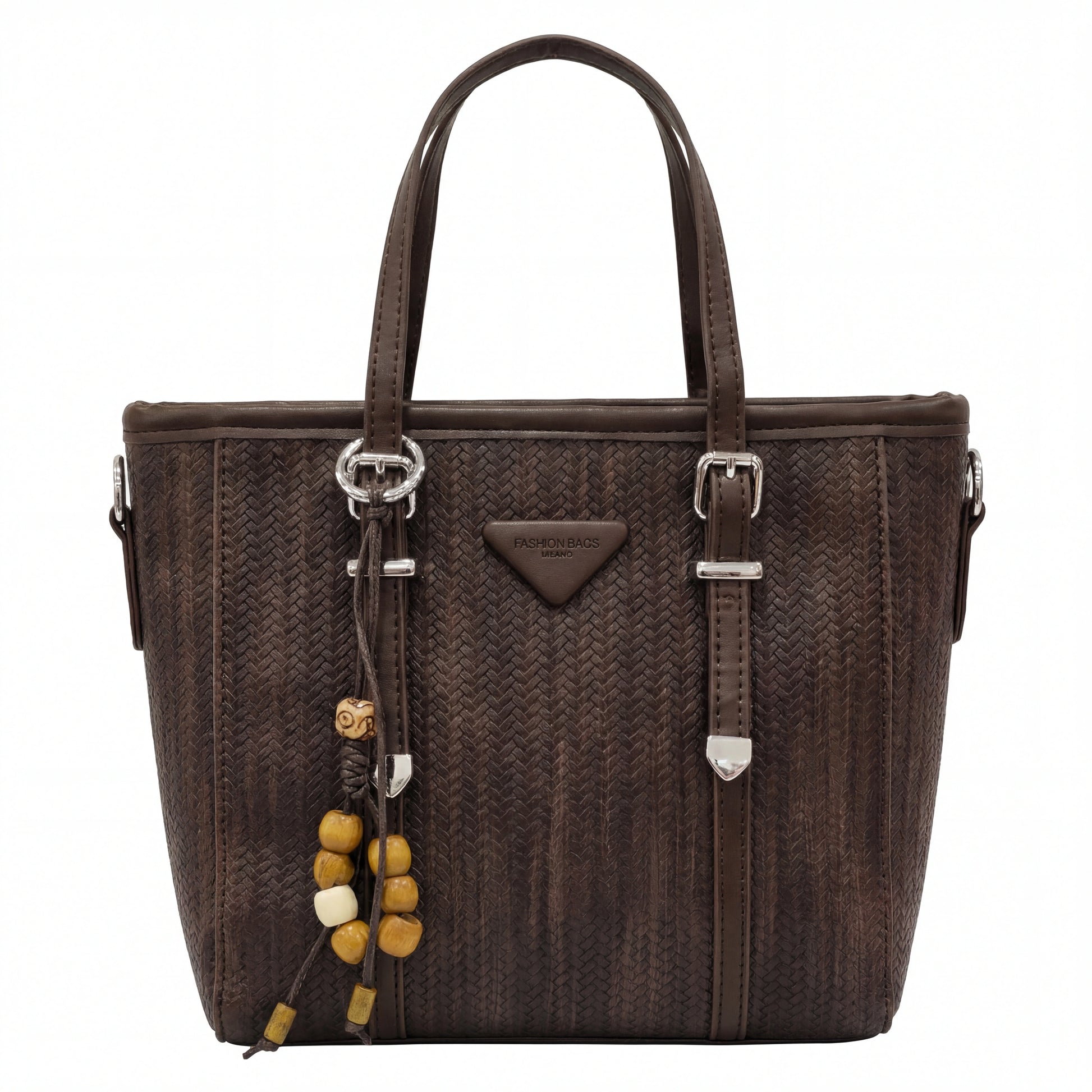 TKN Citrine compact tote bag in golden beige woven texture featuring wooden bead charm and silver hardware