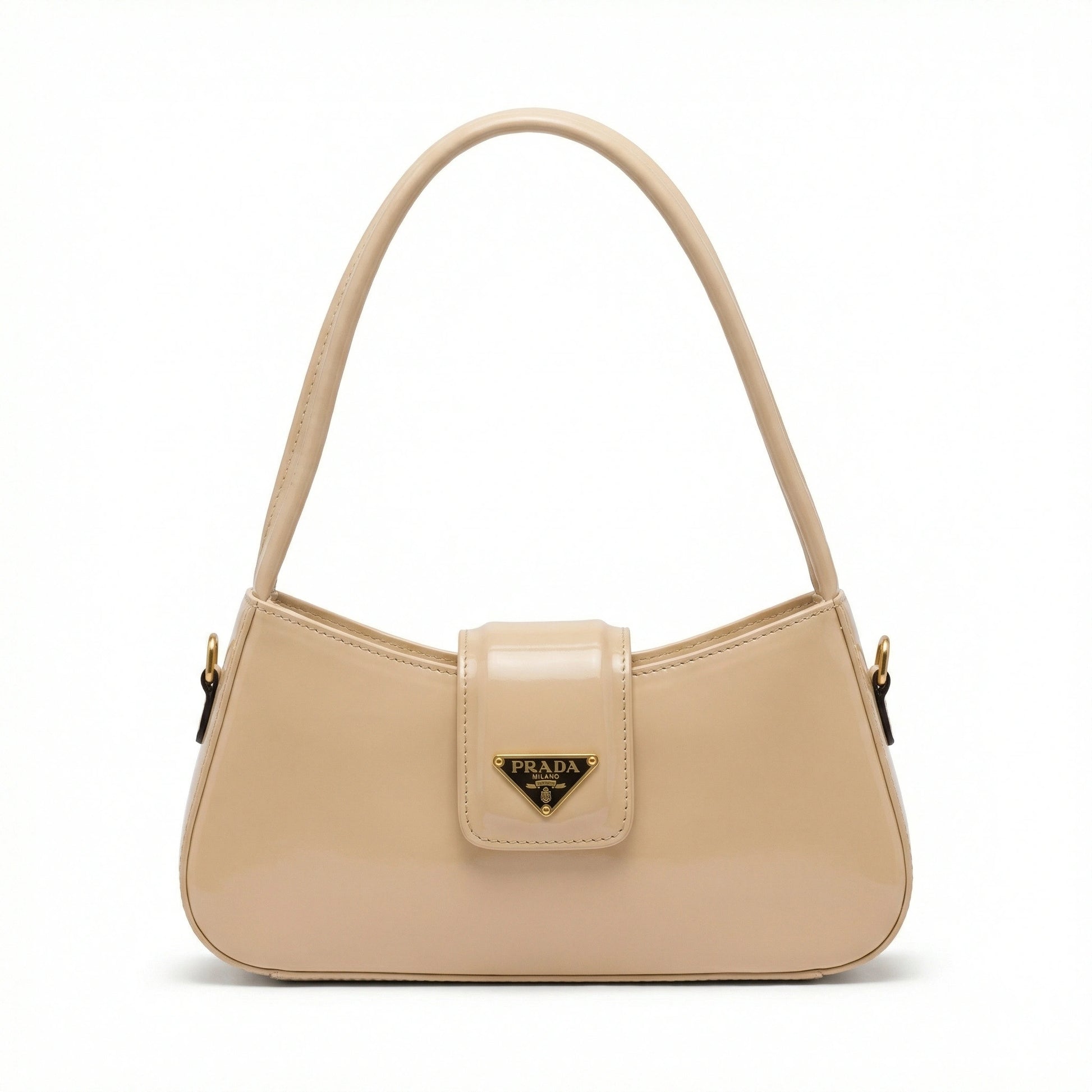 TKN Jet black patent leather shoulder bag featuring curved silhouette and triangular gold logo.
