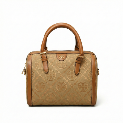 Legacy — A structured Boston bag with rounded top handles and an all-over pattern.