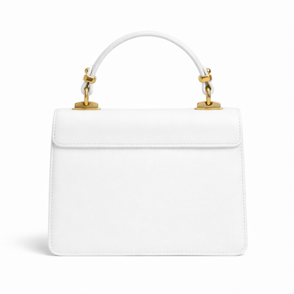 Pearl — A structured top-handle bag with a flap and front metal detail.