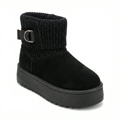 Velvet Touch — A boot with a knitted cuff, buckle detail and platform sole.