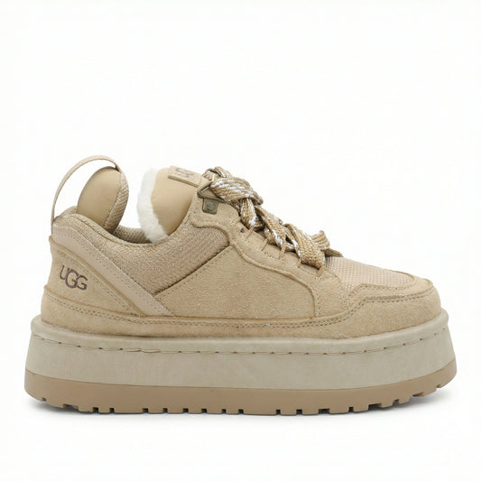 TKN Dune Platform sneaker in Sand Dune beige, showing the signature 50mm chunky sole and premium suede textures