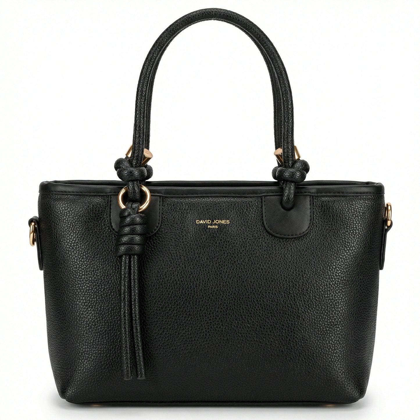 TKN Onyx structured tote bag in Midnight Black featuring premium pebbled texture and signature knotted handles with gold hardware
