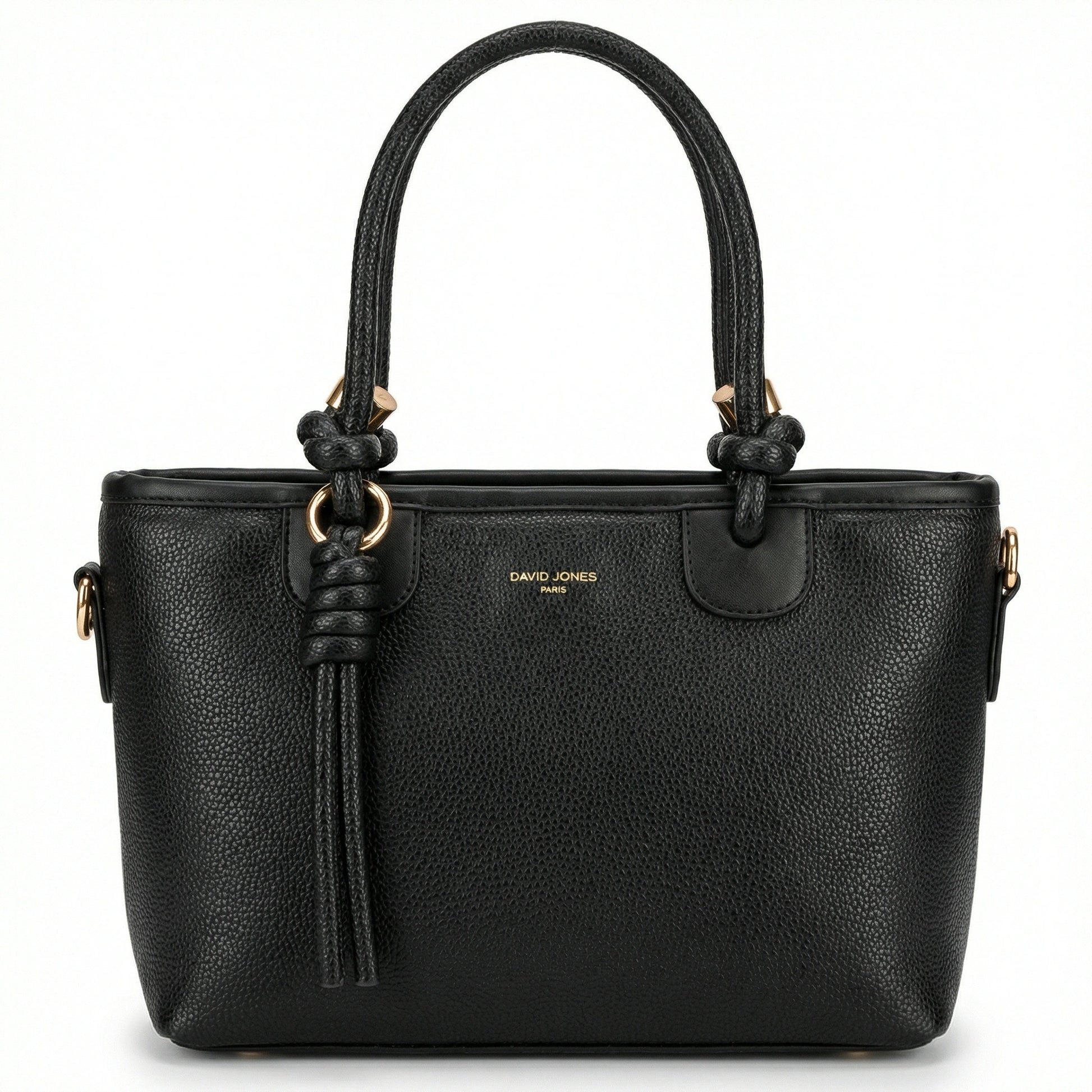 TKN Onyx structured tote bag in Midnight Black featuring premium pebbled texture and signature knotted handles with gold hardware