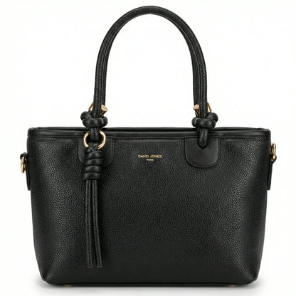 Onyx — A structured tote with knotted top handles and metal-tone details.