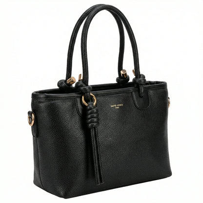 Onyx — A structured tote with knotted top handles and metal-tone details.