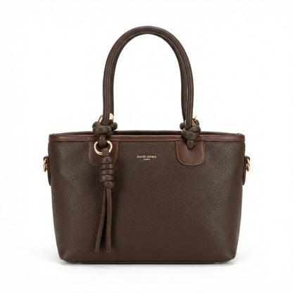 Onyx — A structured tote with knotted top handles and metal-tone details.
