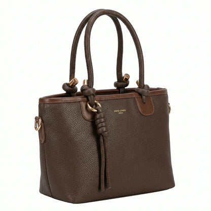 Onyx — A structured tote with knotted top handles and metal-tone details.