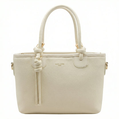 Onyx — A structured tote with knotted top handles and metal-tone details.