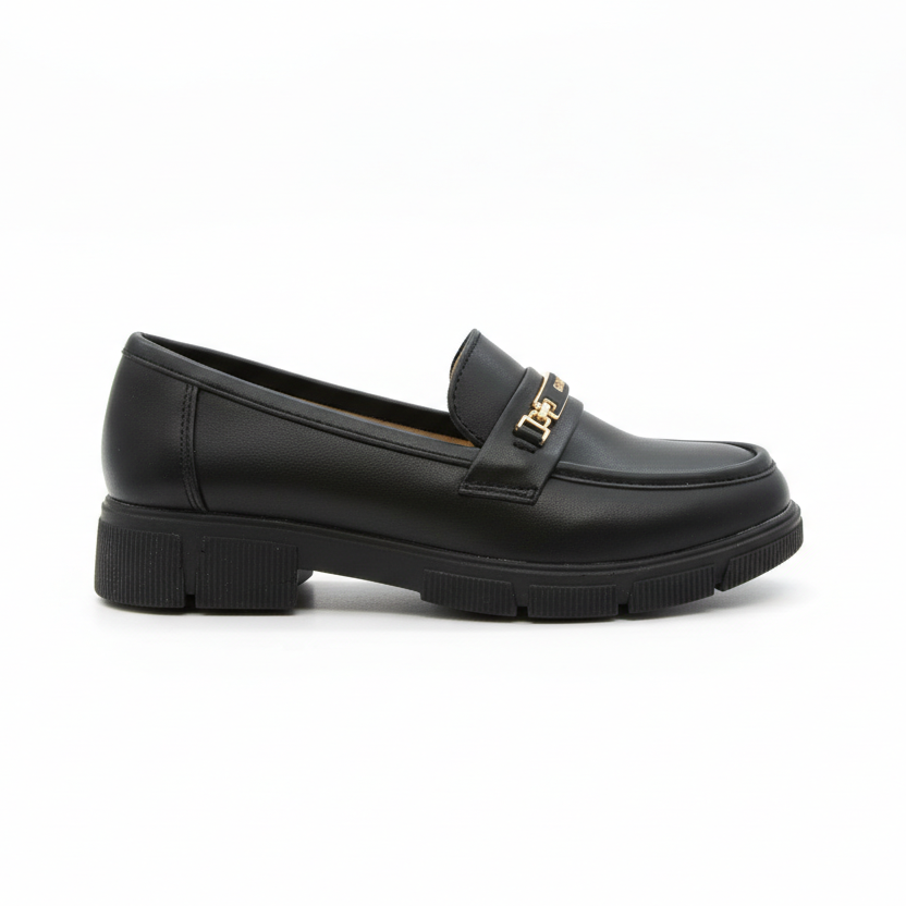 TKN Obsidian chunky loafer in smooth leather featuring gold-tone metal bit detail and lug sole.