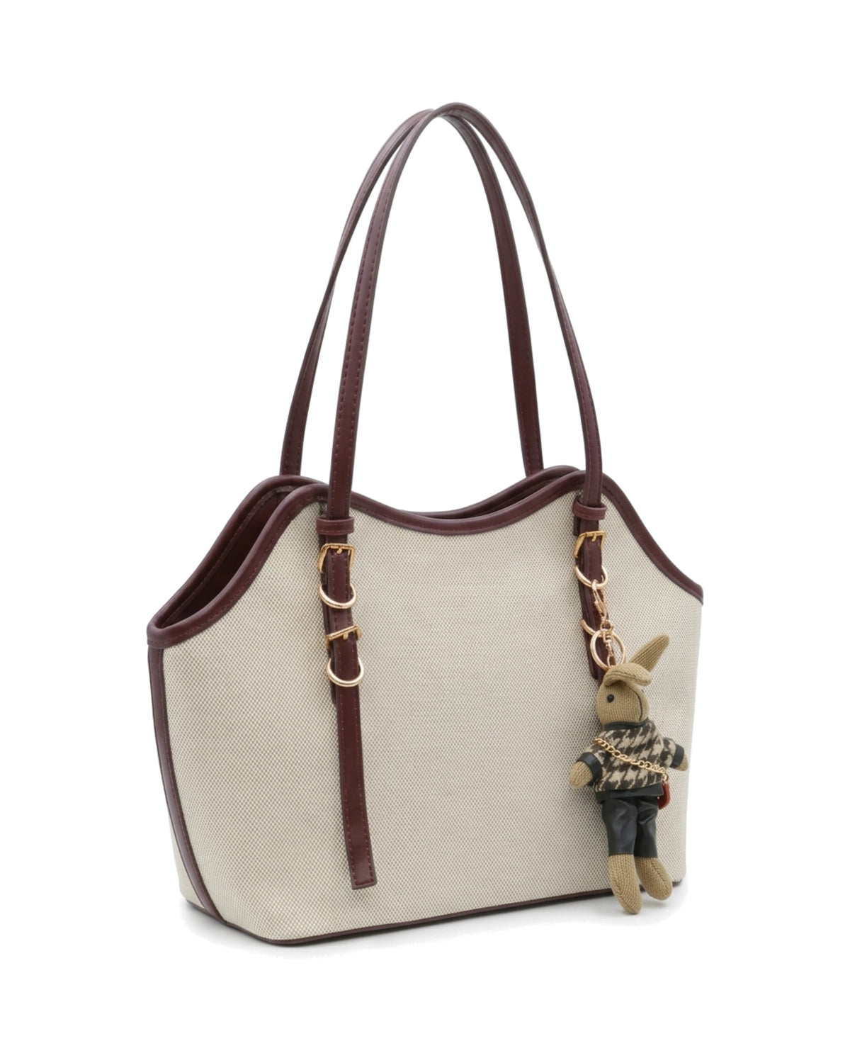 Annabelle Charm-Detail Tote Bag — Cream / Burgundy — Front three-quarter