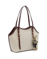 Annabelle Charm-Detail Tote Bag — Cream / Burgundy — Front three-quarter