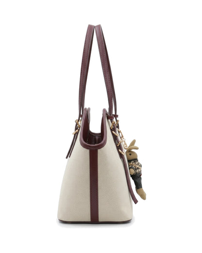 Annabelle Charm-Detail Tote Bag — Cream / Burgundy — Side profile