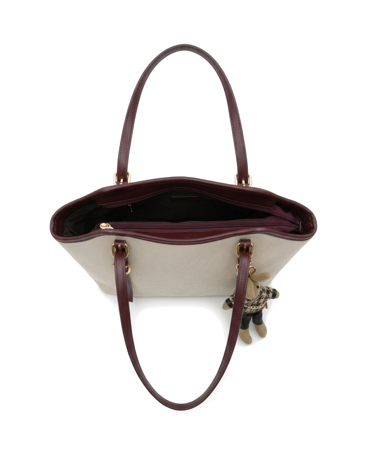 Annabelle Charm-Detail Tote Bag — Cream / Burgundy — Top view