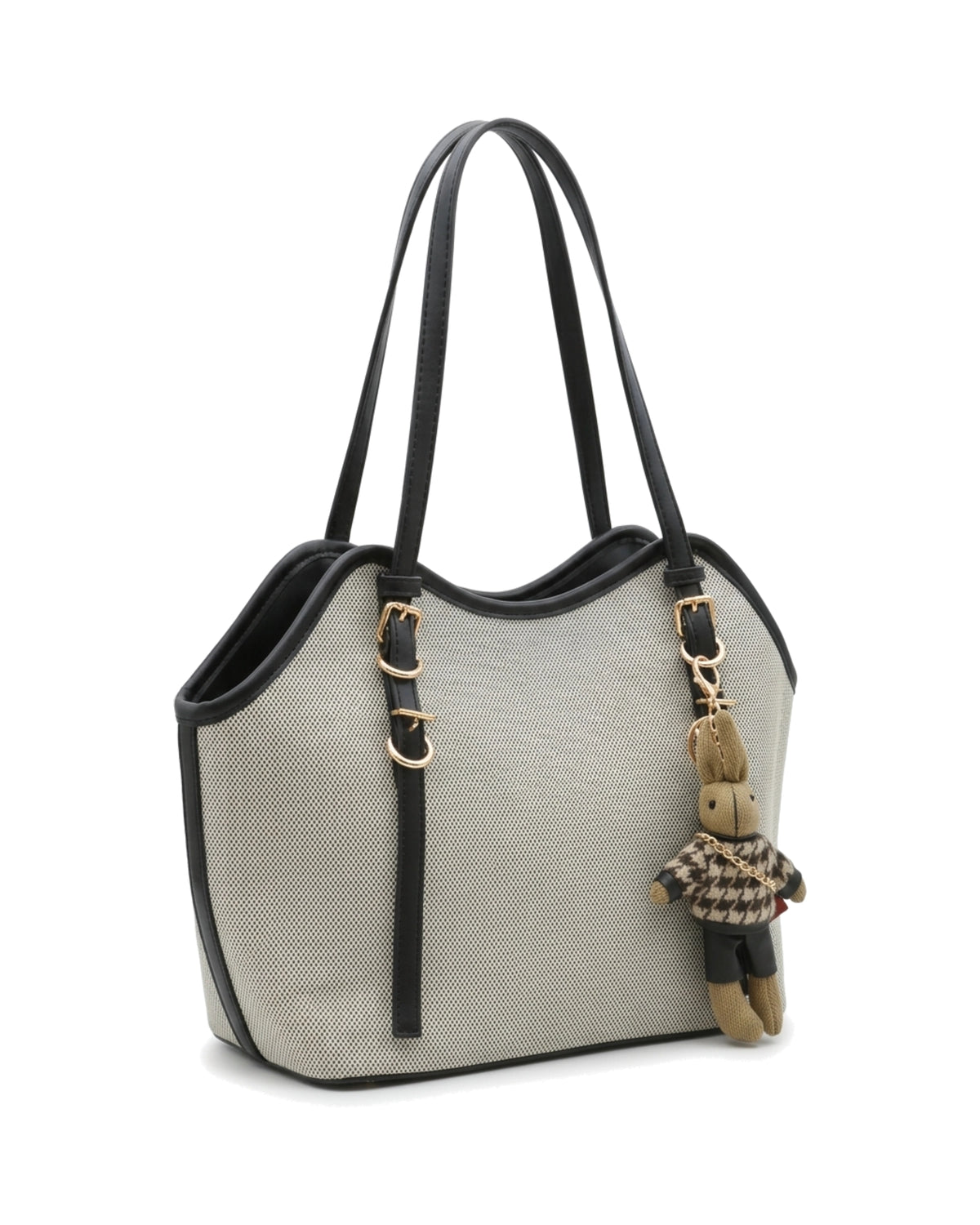 Annabelle Charm-Detail Tote Bag — Natural / Black — Front three-quarter