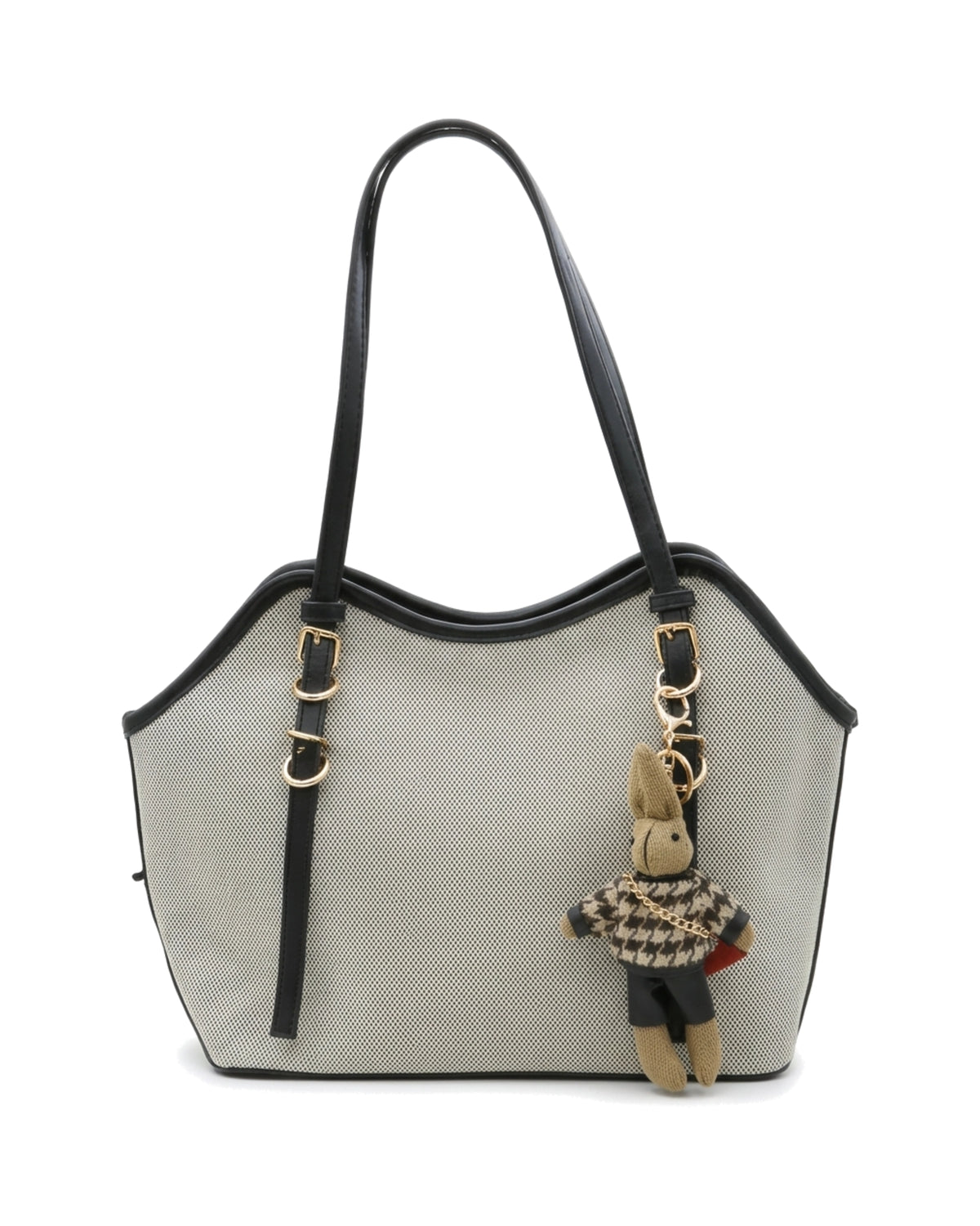 Annabelle Charm-Detail Tote Bag — Natural / Black — Side profile
