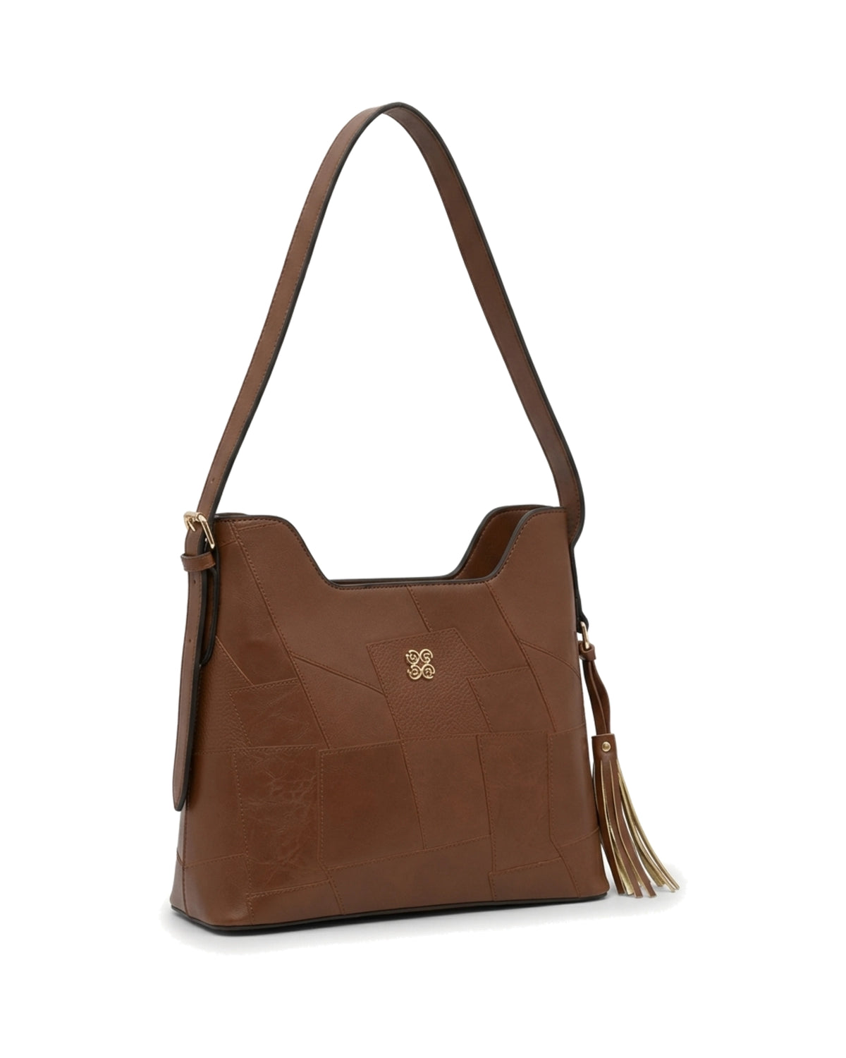 Aveline Panelled Shoulder Bag — Brown — Front three-quarter