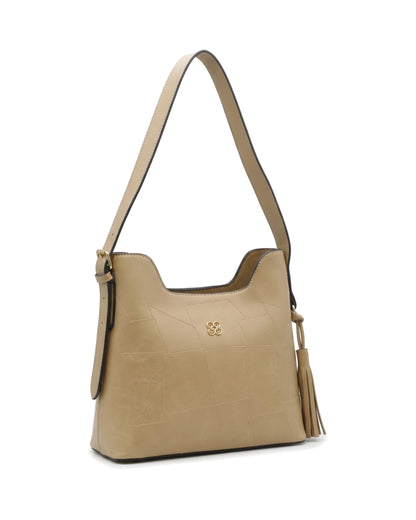 Aveline Panelled Shoulder Bag — Beige — Front three-quarter