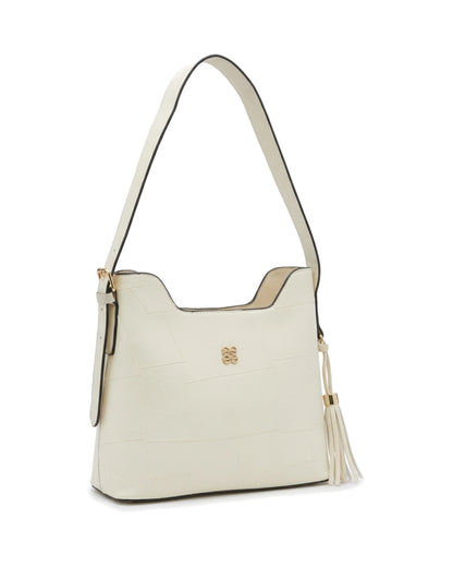 Aveline Panelled Shoulder Bag — Cream — Front three-quarter