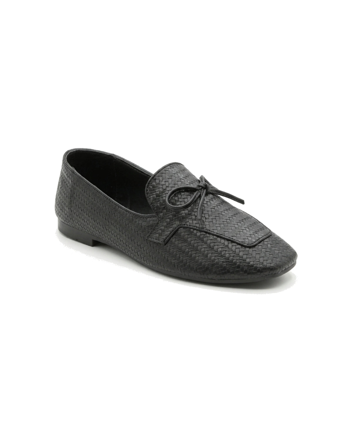 TKN Camille black woven-effect loafer with a tonal bow and piped vamp panel — front three-quarter view.