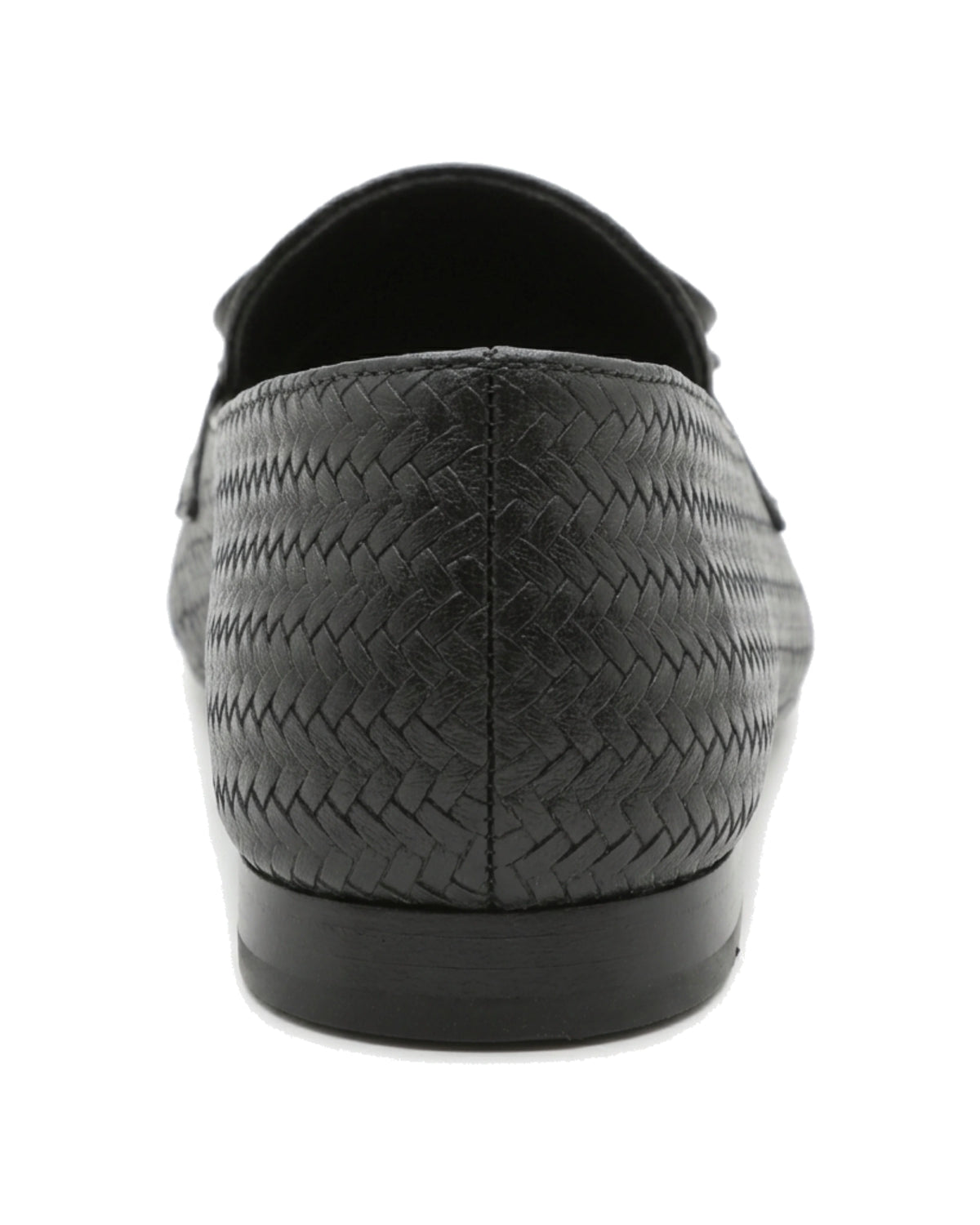 TKN Camille black woven-effect loafer with a tonal bow and piped vamp panel — back view showing the low heel.