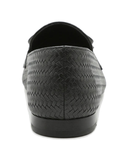 TKN Camille black woven-effect loafer with a tonal bow and piped vamp panel — back view showing the low heel.