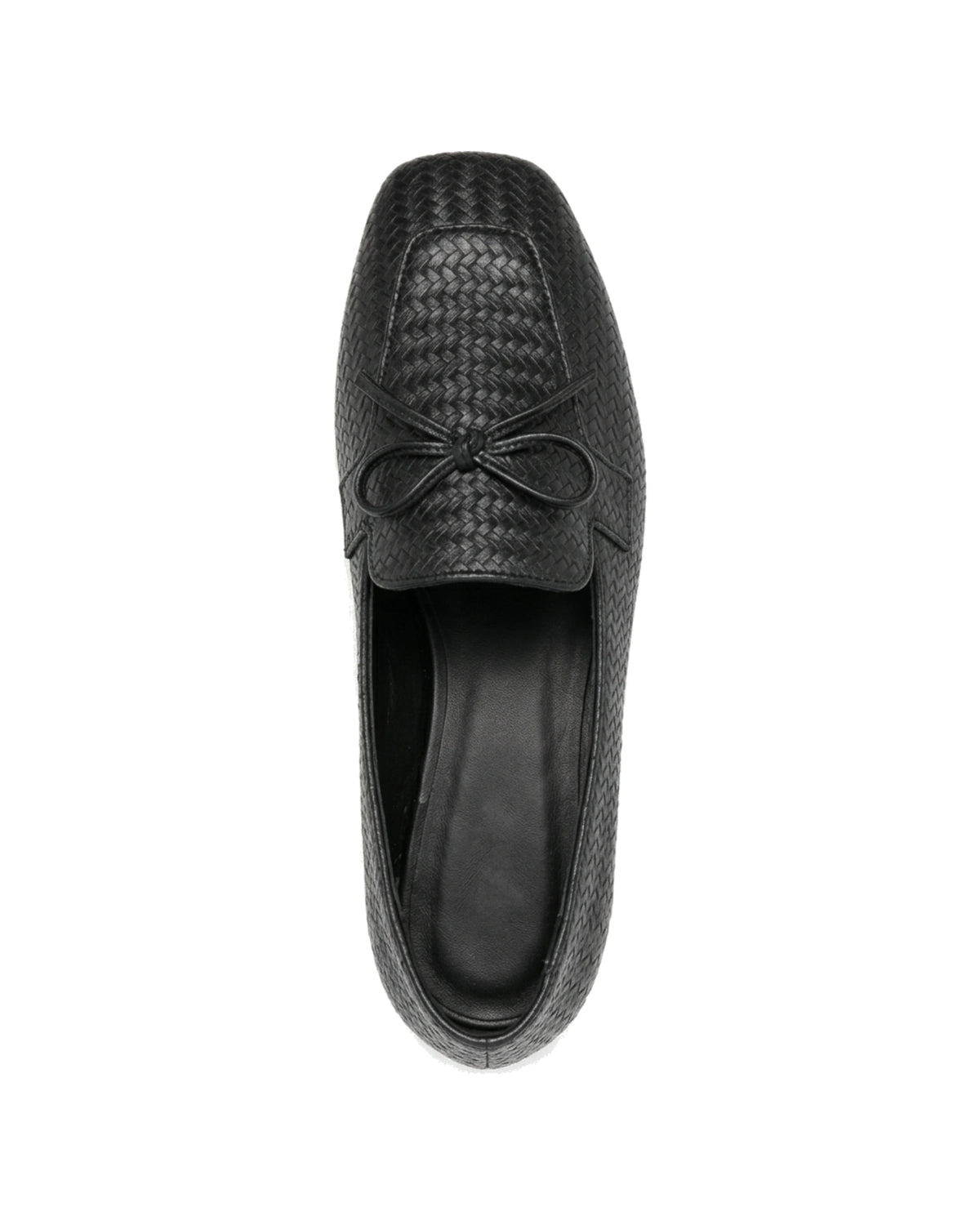 TKN Camille black woven-effect loafer with a tonal bow and piped vamp panel — top view.