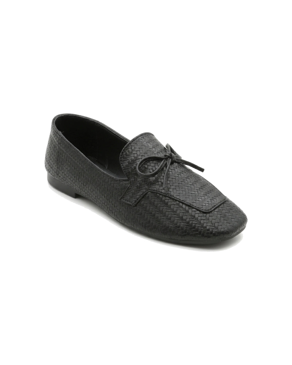 TKN Camille black woven-effect loafer with a tonal bow and piped vamp panel — alternate front three-quarter view.
