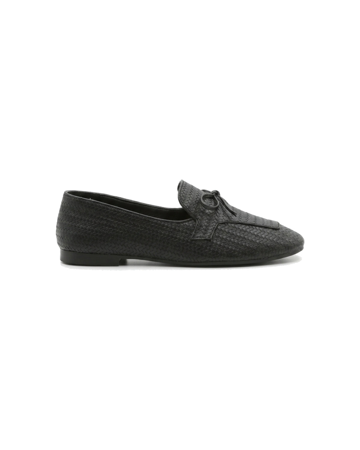 TKN Camille black woven-effect loafer with a tonal bow and piped vamp panel — alternate side view.