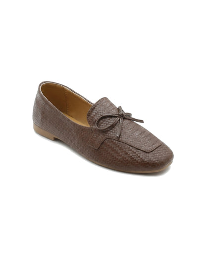 TKN Camille brown woven-effect loafer with a tonal bow and piped vamp panel — front three-quarter view.