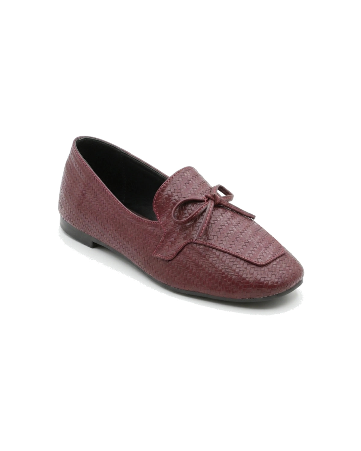TKN Camille burgundy woven-effect loafer with a tonal bow and piped vamp panel — front three-quarter view.