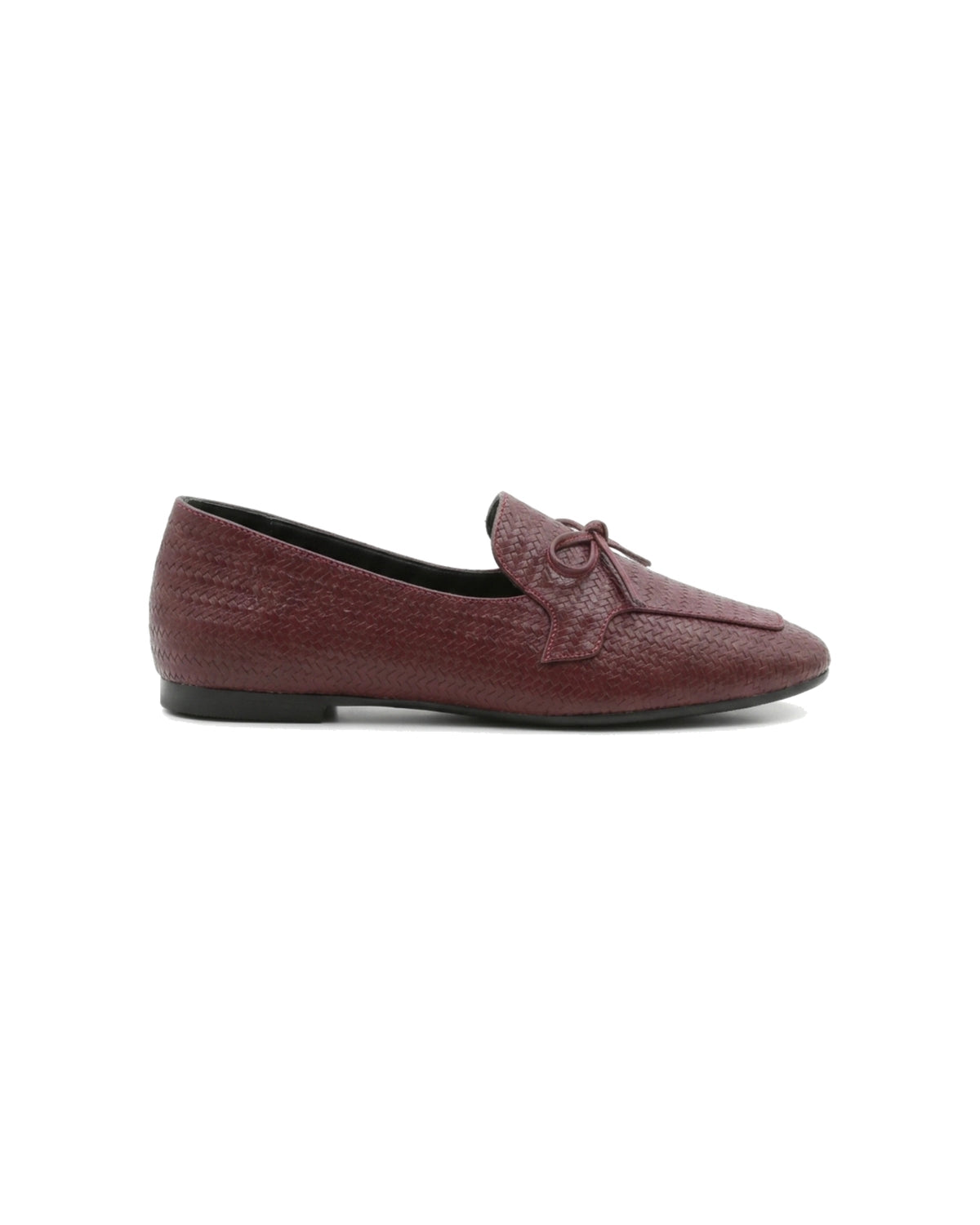TKN Camille burgundy woven-effect loafer with a tonal bow and piped vamp panel — side view.