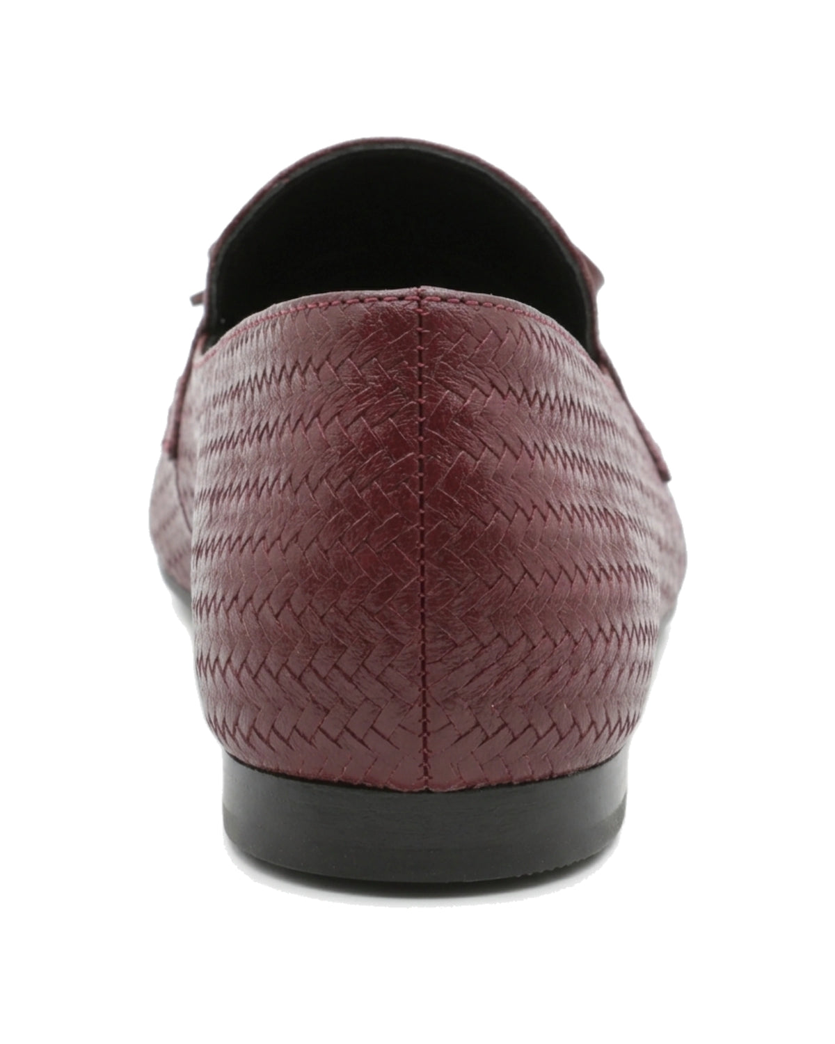 TKN Camille burgundy woven-effect loafer with a tonal bow and piped vamp panel — back view showing the low heel.