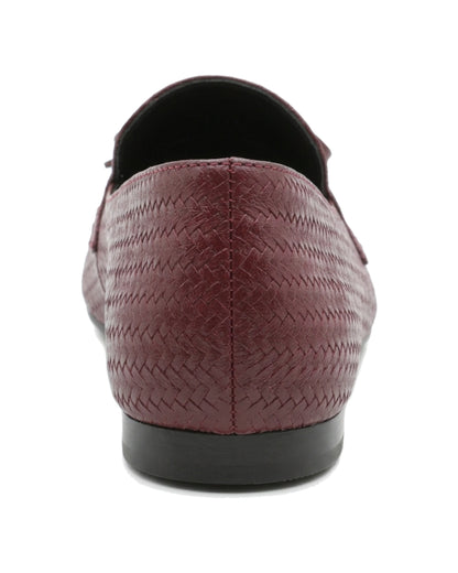 TKN Camille burgundy woven-effect loafer with a tonal bow and piped vamp panel — back view showing the low heel.