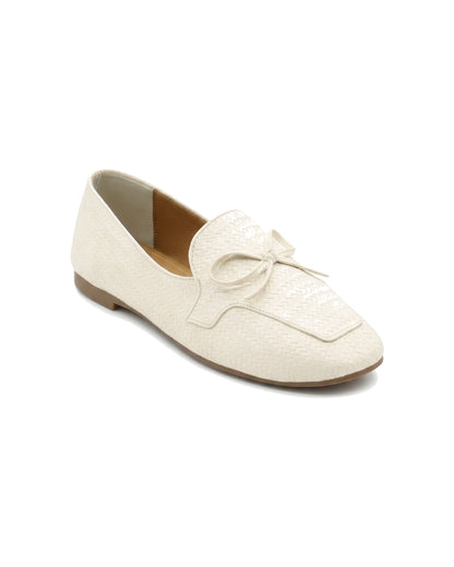 TKN Camille cream woven-effect loafer with a tonal bow and piped vamp panel — front three-quarter view.