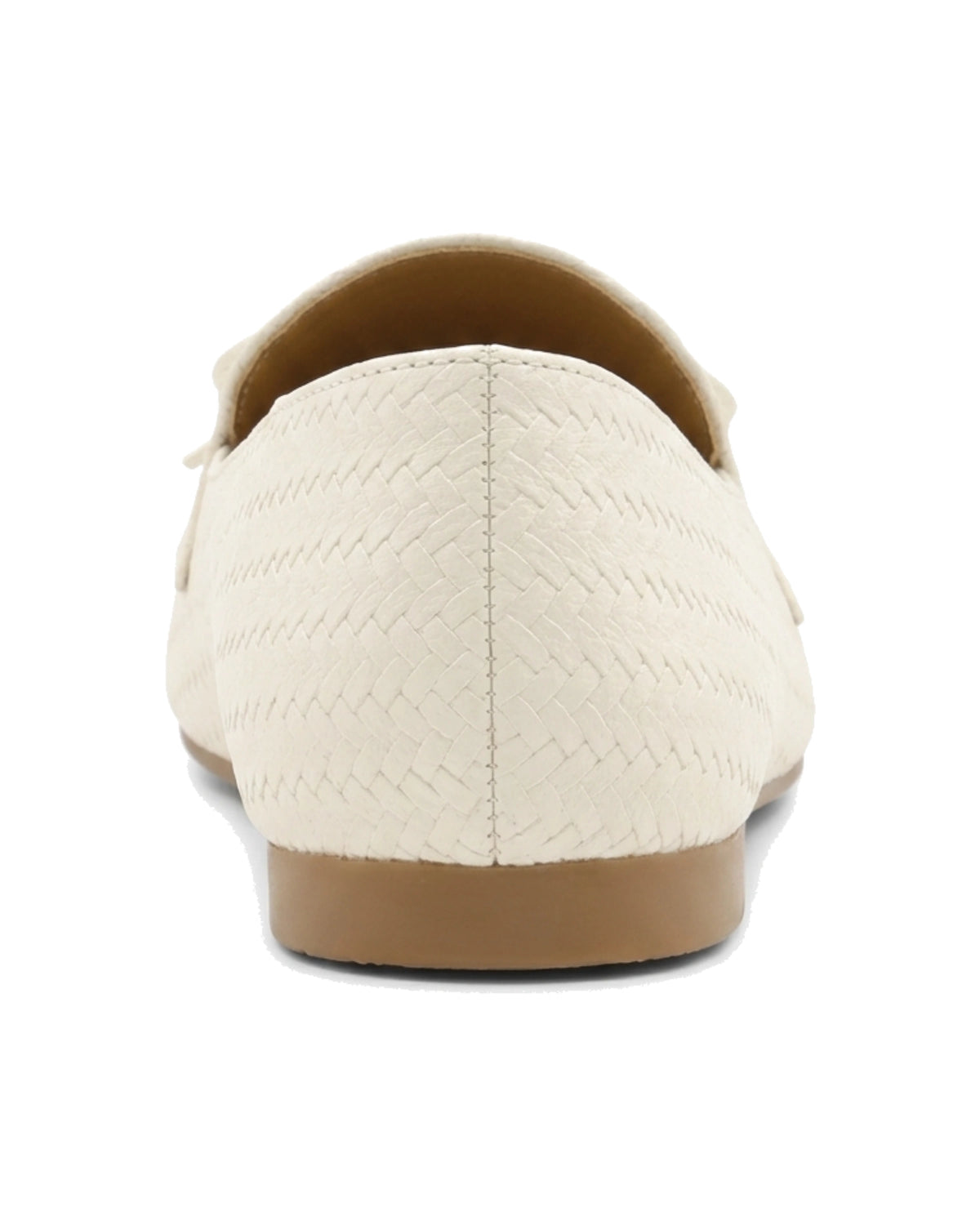 TKN Camille cream woven-effect loafer with a tonal bow and piped vamp panel — back view showing the low heel.
