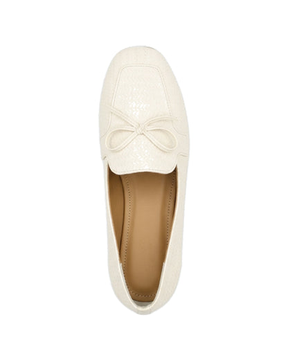 TKN Camille cream woven-effect loafer with a tonal bow and piped vamp panel — top view.