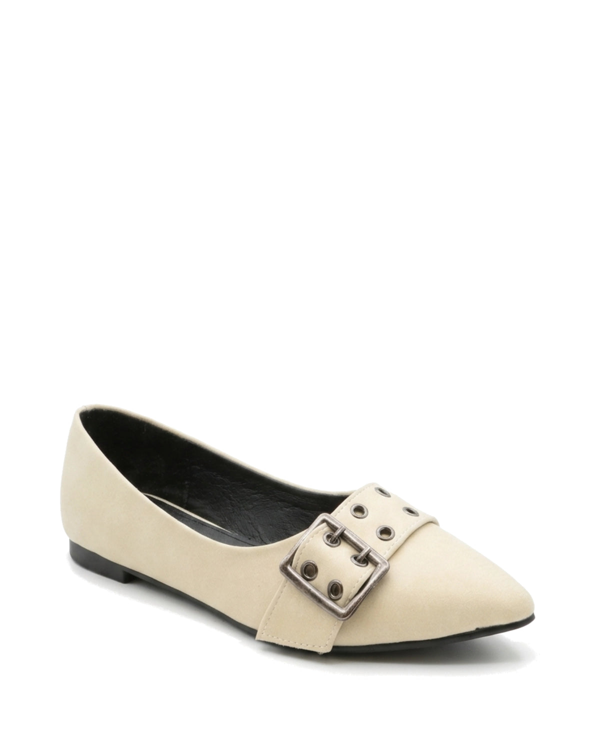 Coralie Buckle Pointed Flats — Cream — Front three-quarter