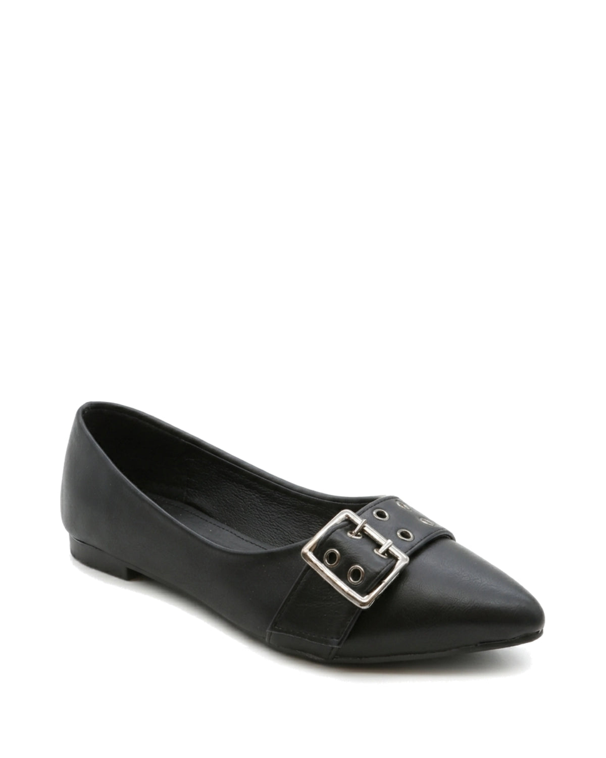 Coralie Buckle Pointed Flats — Black — Front three-quarter