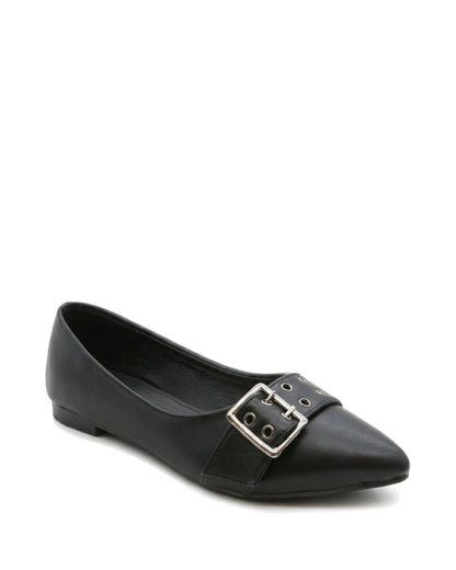 Coralie Buckle Pointed Flats — Black — Front three-quarter