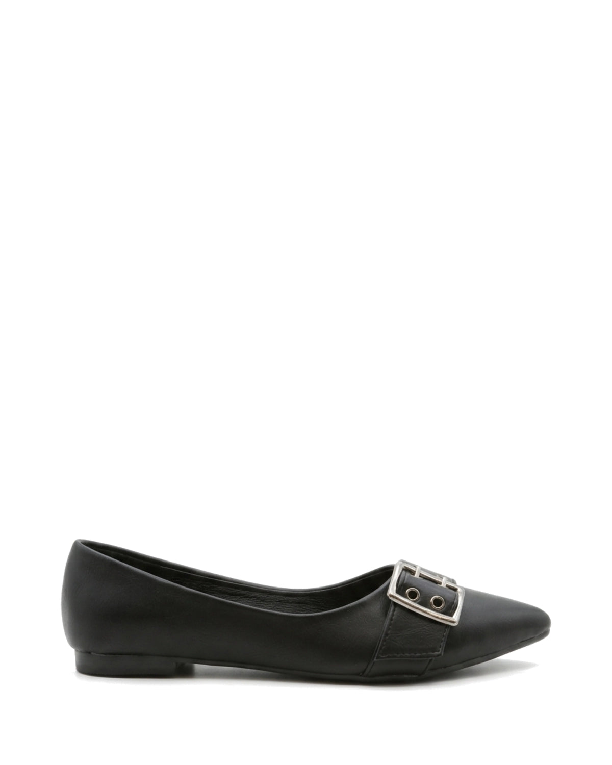 Coralie Buckle Pointed Flats — Black — Side profile