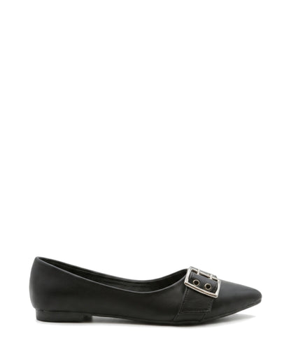 Coralie Buckle Pointed Flats — Black — Side profile