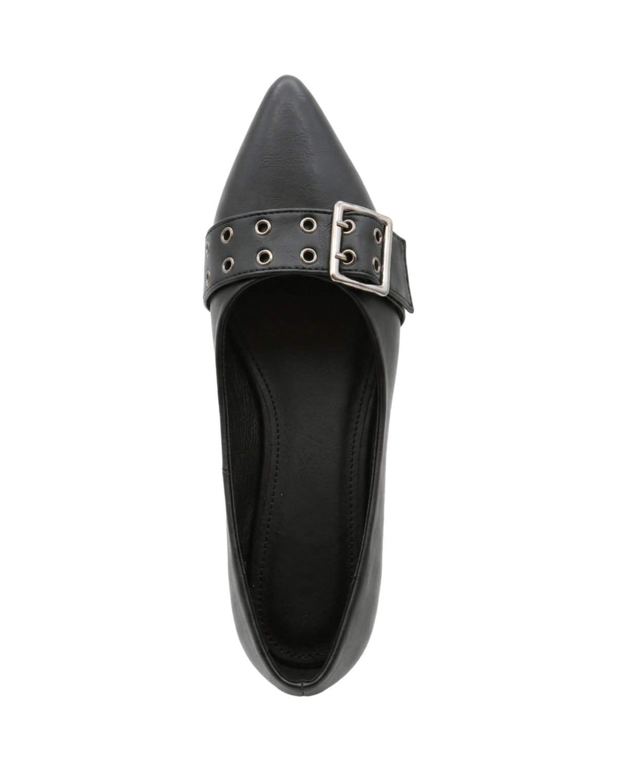 Coralie Buckle Pointed Flats — Black — Top view