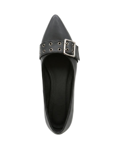 Coralie Buckle Pointed Flats — Black — Top view
