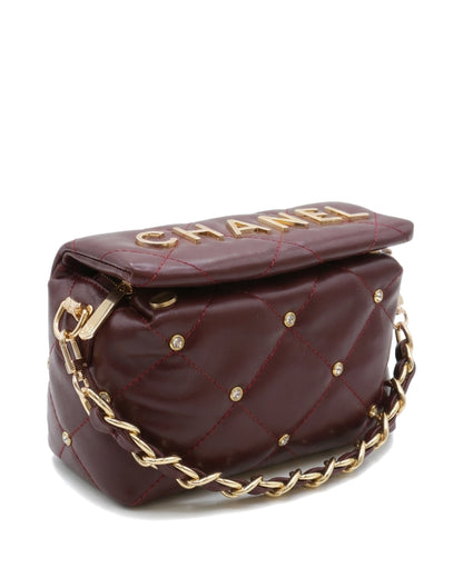 Cosette Quilted Chain Bag — Burgundy — Front three-quarter