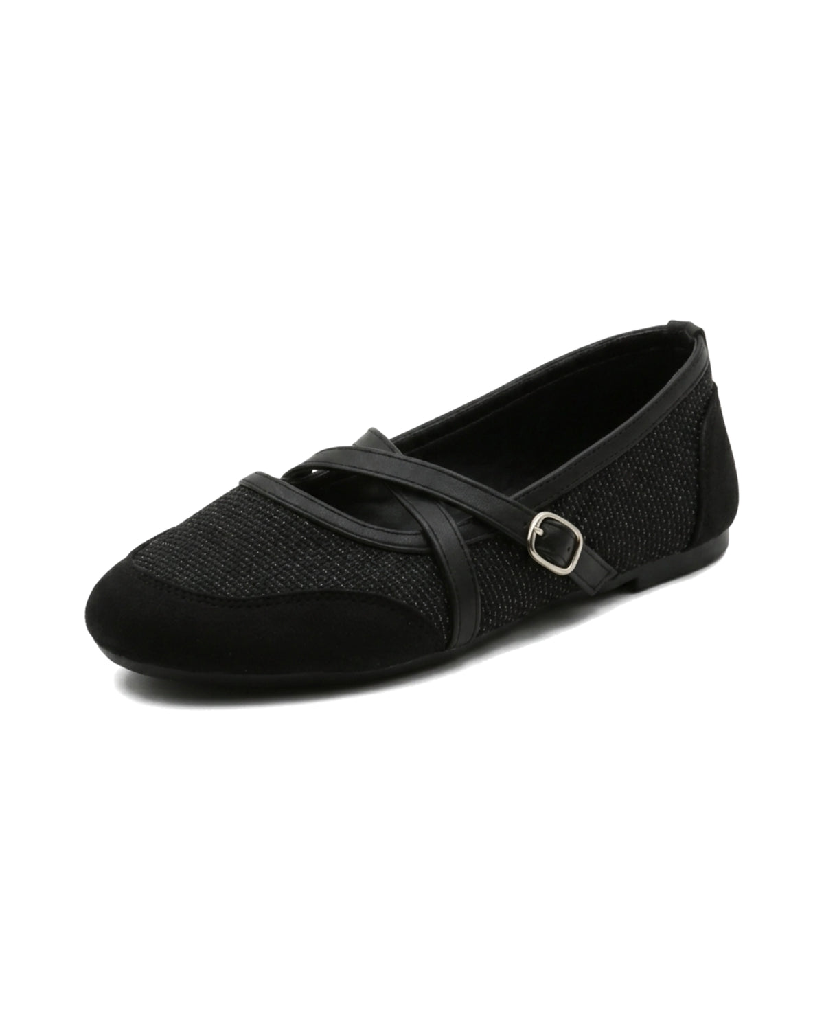 TKN Crossover — Black — rounded toe — front three-quarter view.