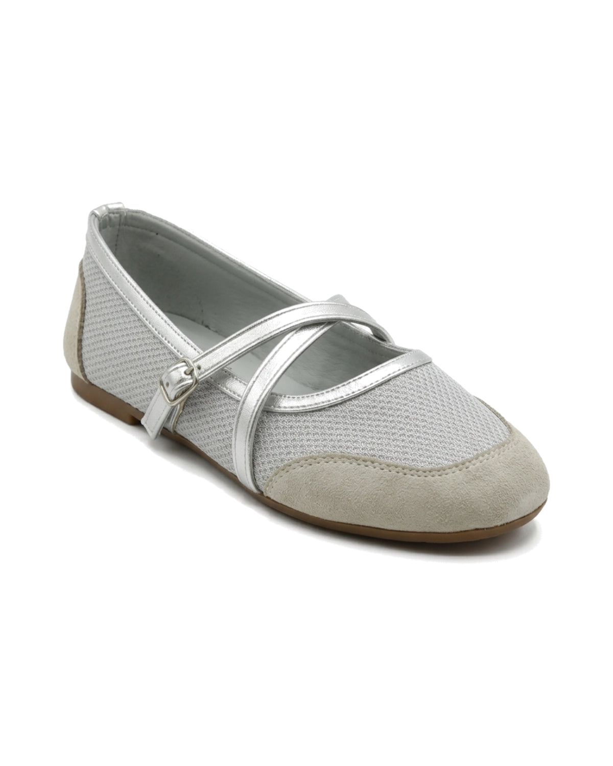 TKN Crossover — Silver — rounded toe — front three-quarter view.